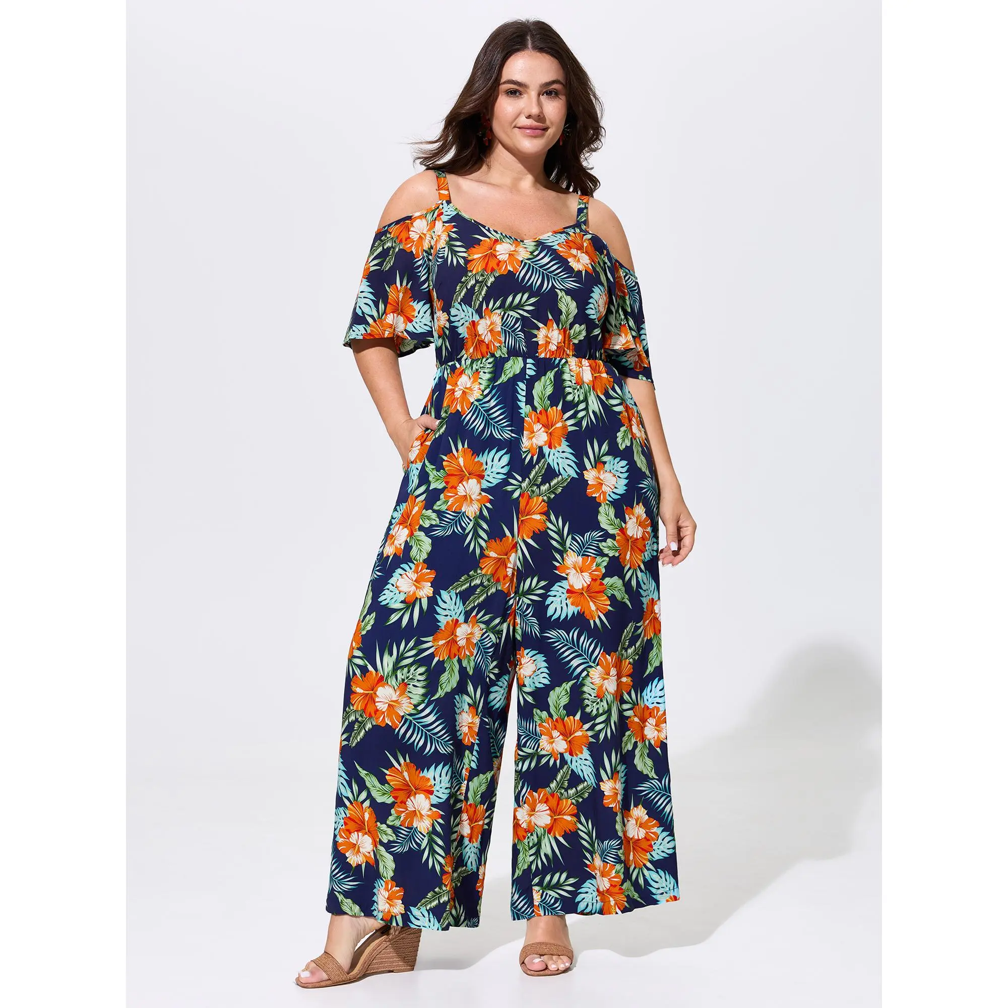 BloomChic Plus Size Bohemian Tropical Rayon Summer Cold-Shoulder Jumpsuit - Overalls with Side Pockets, Smooth Garment Fit, Crisp Polished Look, Low Iron, Curvy Women Apparel, Do Not Tumble Dry