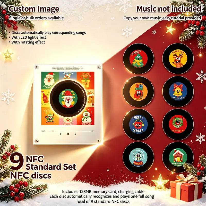 Christmas magnetic NFC music player features light effects, Halloween rotating mini vinyl record fridge magnet, 9 discs, DIY music, 256MB of storage, and USB-C charging. It's the perfect gift for music lovers. A special Christmas and Halloween edition.