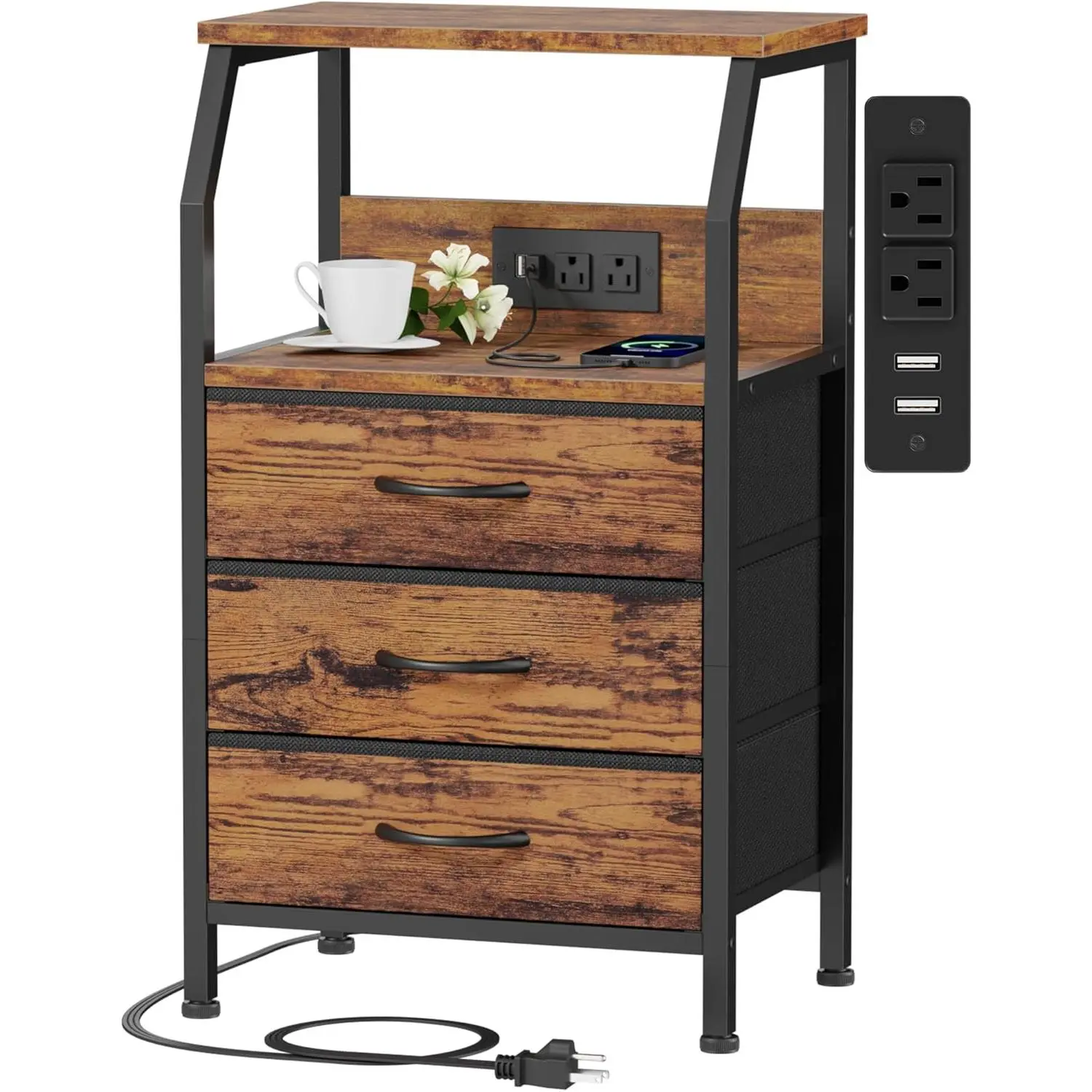 Night Stand with  Station, USB Ports and Outlets, 28.3 Inch Tall Bedside Table with  Shelf, 3 Fabric Drawers Side Table for Bedroom, 3 Ways to Use, Rustic Brown