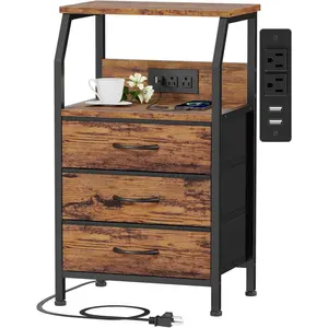 Night Stand with  Station, USB Ports and Outlets, 28.3 Inch Tall Bedside Table with  Shelf, 3 Fabric Drawers Side Table for Bedroom, 3 Ways to Use, Rustic Brown