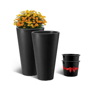 VEVOR Set of 2 Tall Planter For Outdoor Indoor Plants 24inch,  Black Round Large Planters For Front Porch, Patio, Tall Taper Flower Tree Plant Pots with Modern Design and Built-in Drainage