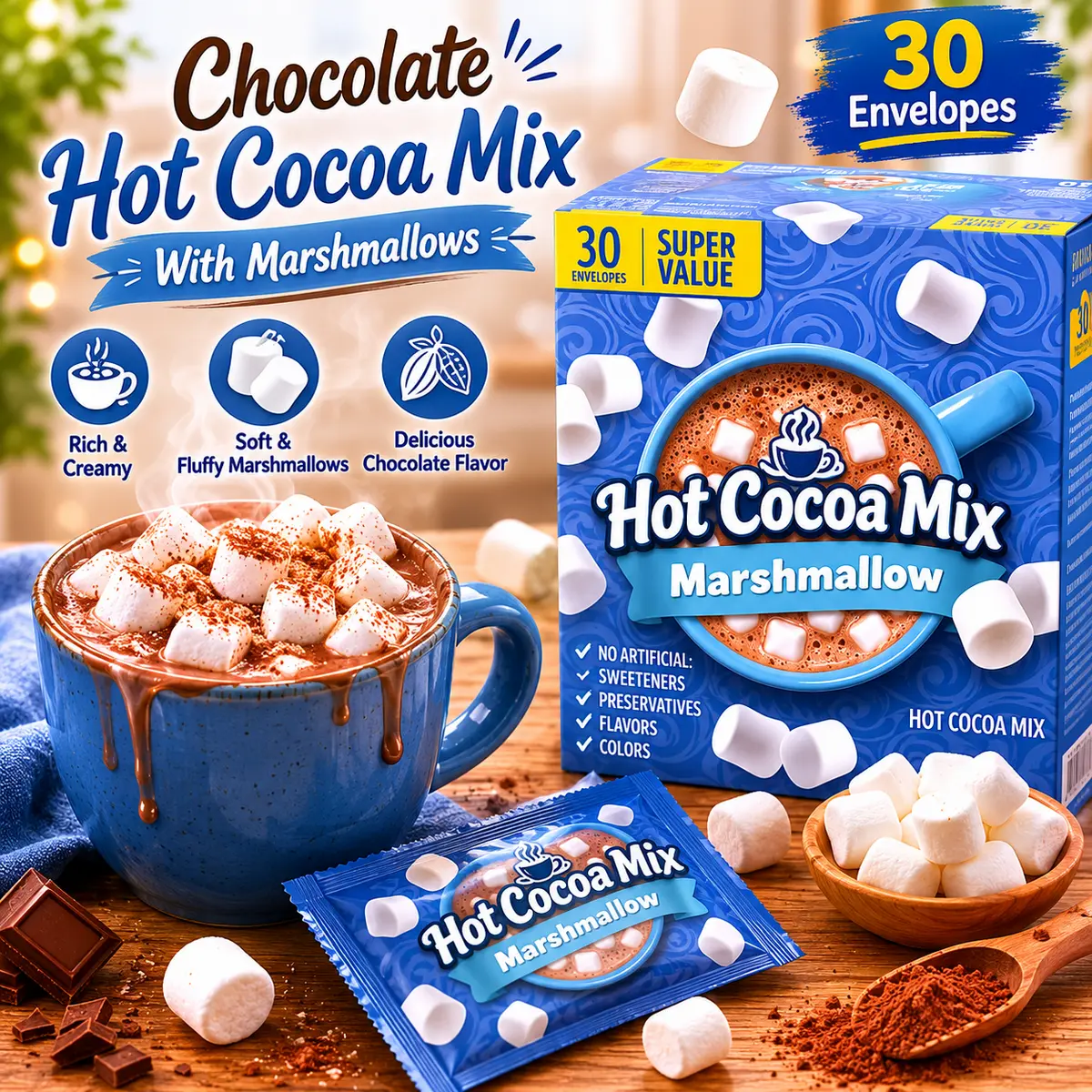 Chocolate Cocoa Drink Mix with Mini Marshmallows – Ready-to-Make Hot Beverage Powder, 30 Individual Sachets, Smooth & Creamy Taste