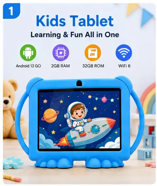 Kids Tablet 7 Inch Android 13, 2GB RAM , 32GB Storage, Quad-Core, IPS HD Display, GMS Certified, WiFi, Dual Camera, Netflix L1, Parental Control, Shockproof Case