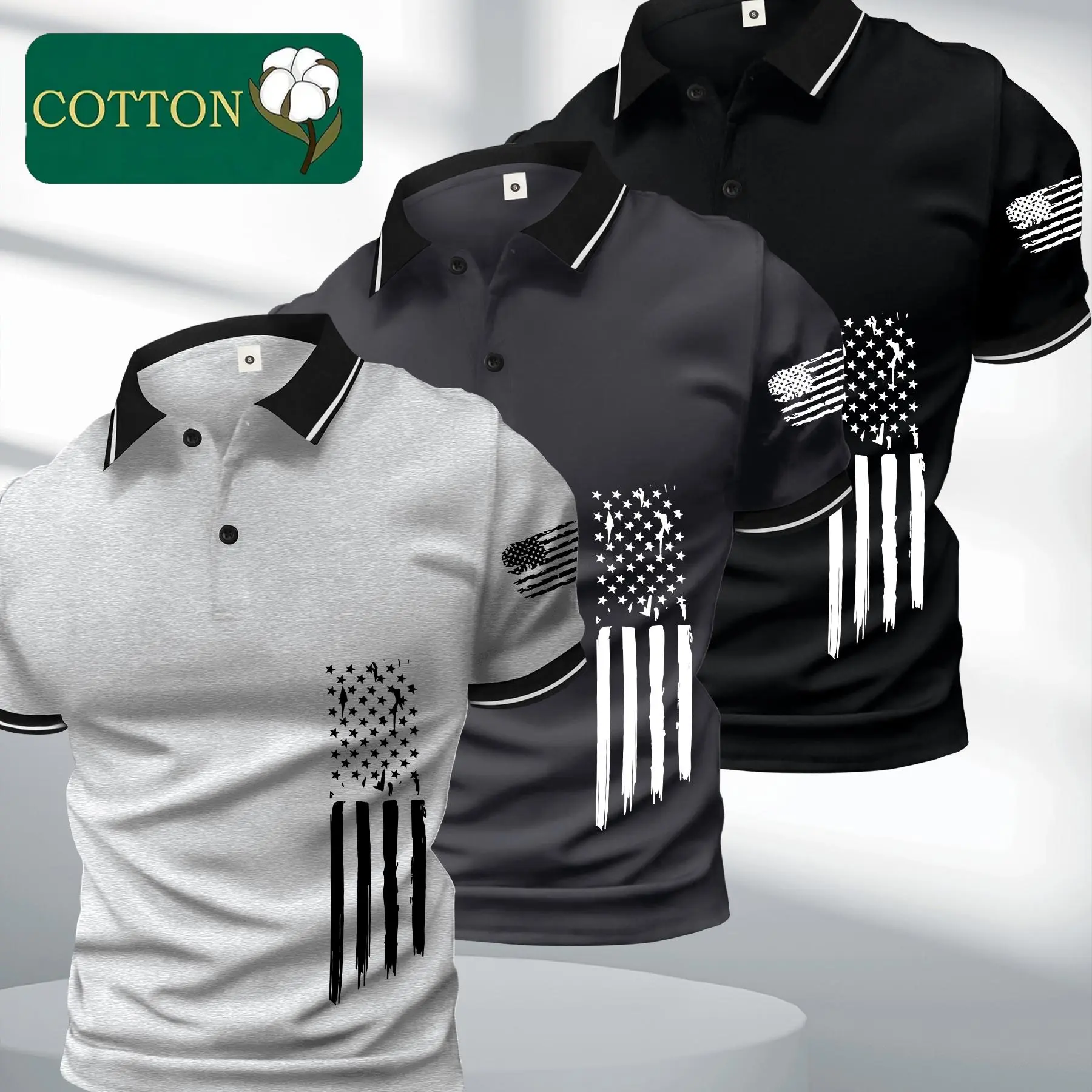 Men's 3-Piece Polo Set, Patriotic Color-Block Striped Cotton Short-Sleeve Sportswear with Matching Shorts, Colorblock, Tops, Polo Shirt And Shorts
