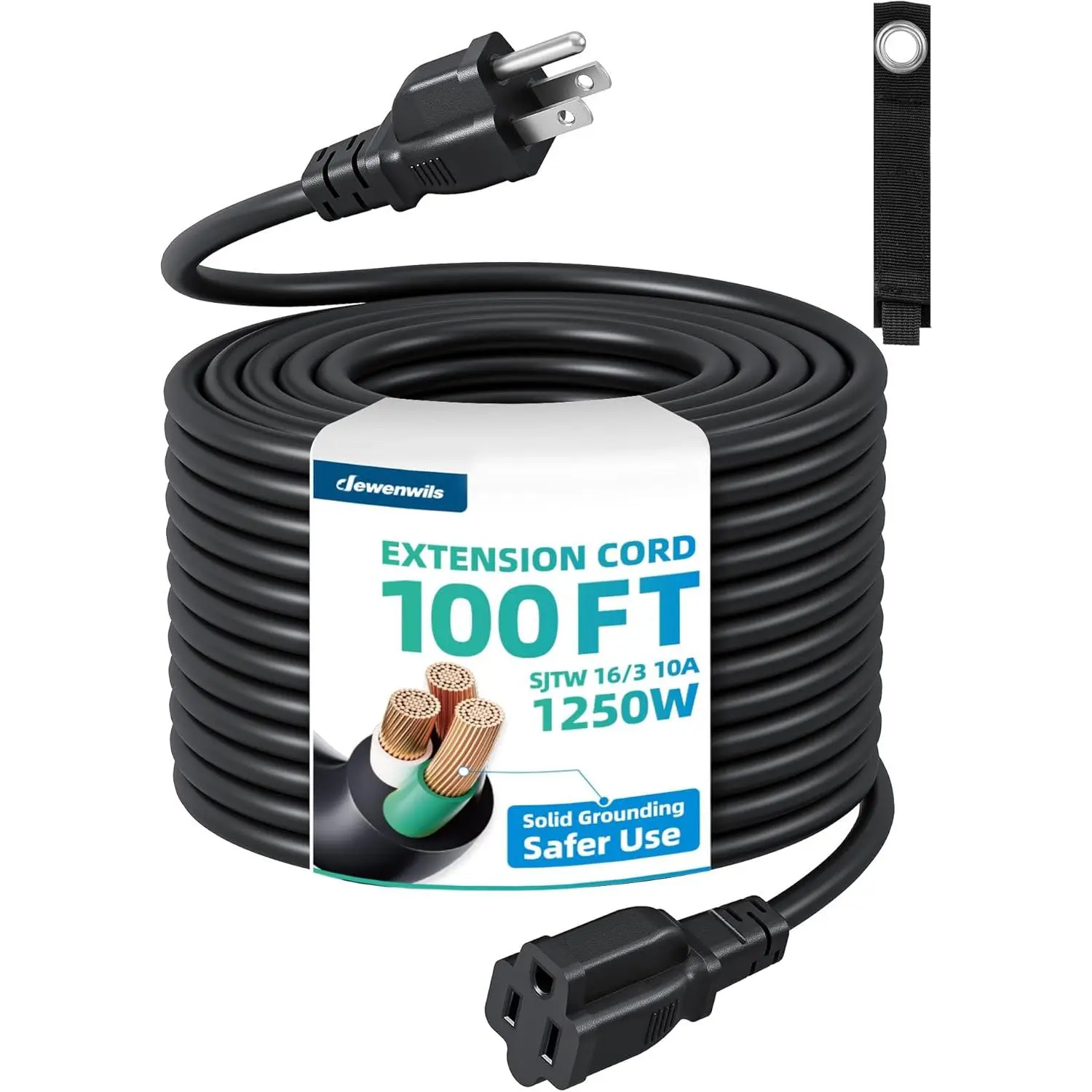 DEWENWILS Outdoor 16/3 SJTW Extension Cord, 3-Prong Weatherproof Flexible Power Cable with Storage Strap, 125V/10A/1250W, Black, ETL Listed (Camping & Hiking Lantern Accessory),father'sdaygifts,campingessentials,campinggear