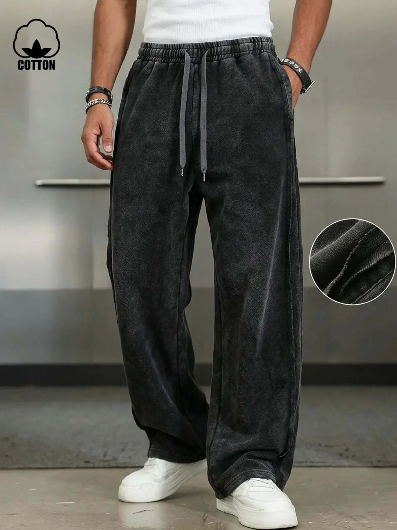 Men's Vintage Black Washed Cotton Menswear Wide Leg Sweatpants, Heavyweight French Terry Casual Comfy Baggy Streetwear Pants, Elastic Waist Drawstring Loose Fit Casual Trousers, Multi-Wear for Gym, Street, Lounge & Daily Wear