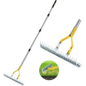 Thatch Rake, 15-Inch Lawn Dethatcher with Handle, Duty Grass Tool for Dead Grass and Soil Loosening, Versatile Yard and Grooming (Black+Metallic Silver)