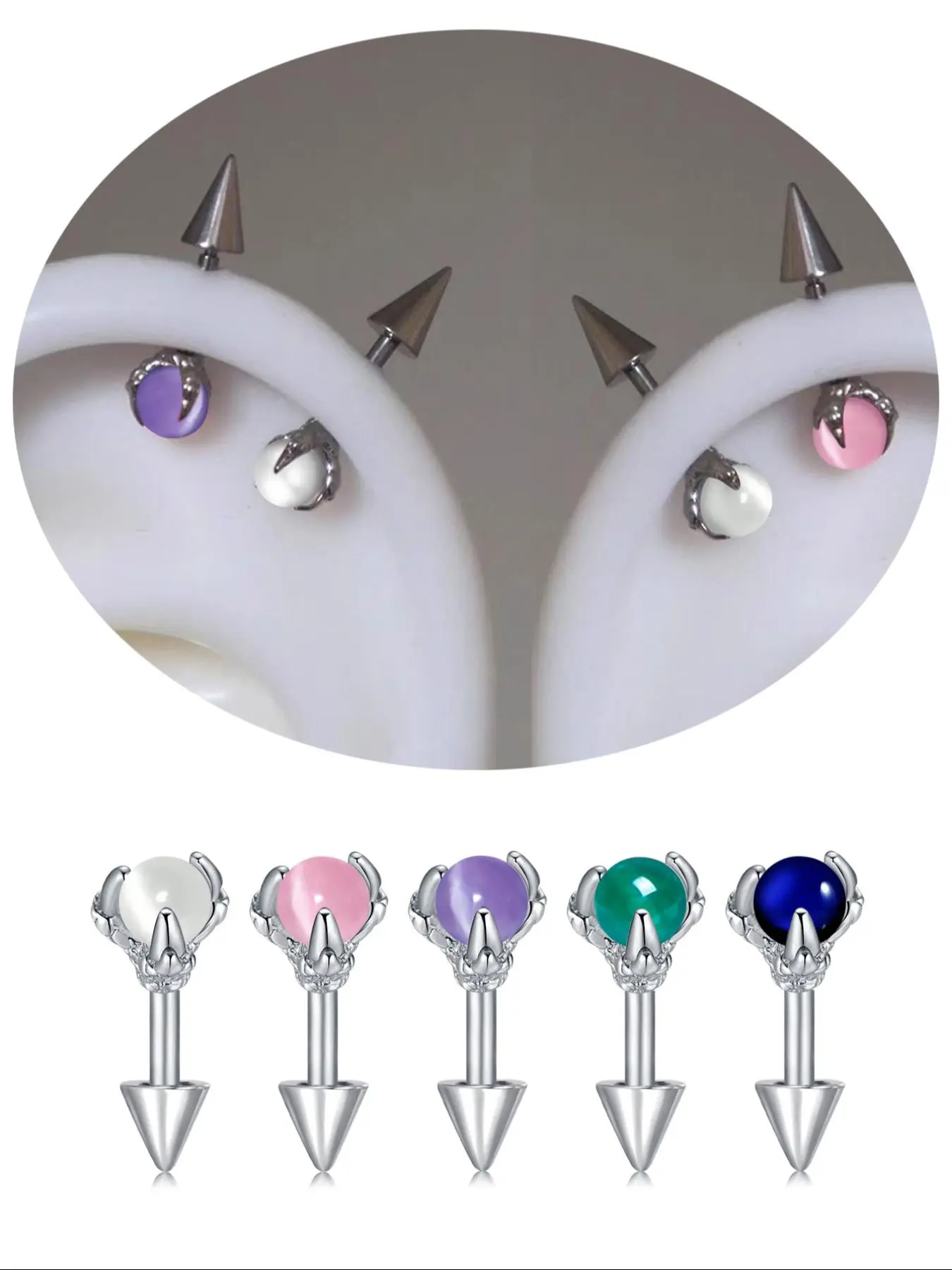 Stylish Hypoallergenic Stainless Steel Spike Ear Cuffs with Cat's Eye Stone Design, 16G Fashion Earrings for Men and Women, Earrings for Sensitive Ears, Perfect Birthday Gift, Earrings Jewelry