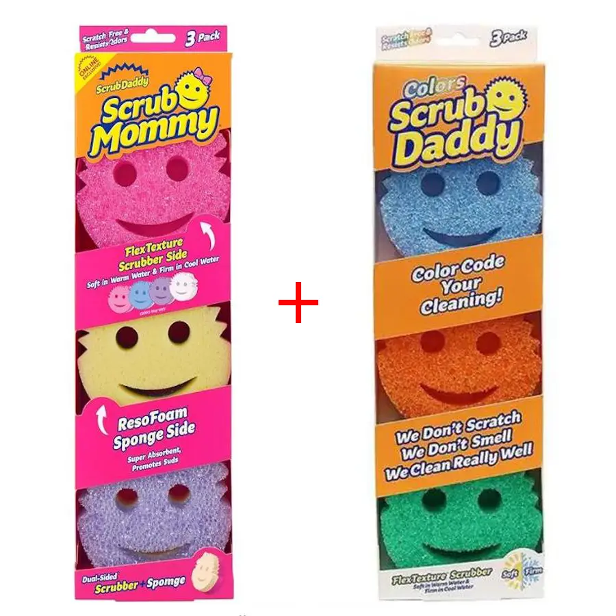 Scrub Daddy Cleaning Sponges & Scouring Pads Set - 3 Scrub Daddy & 3  Scrub Mommy, Reusable, Scratch-Resistant, BPA-Free Polymer Foam, Stain & Odor Resistant for Dish Cleaning