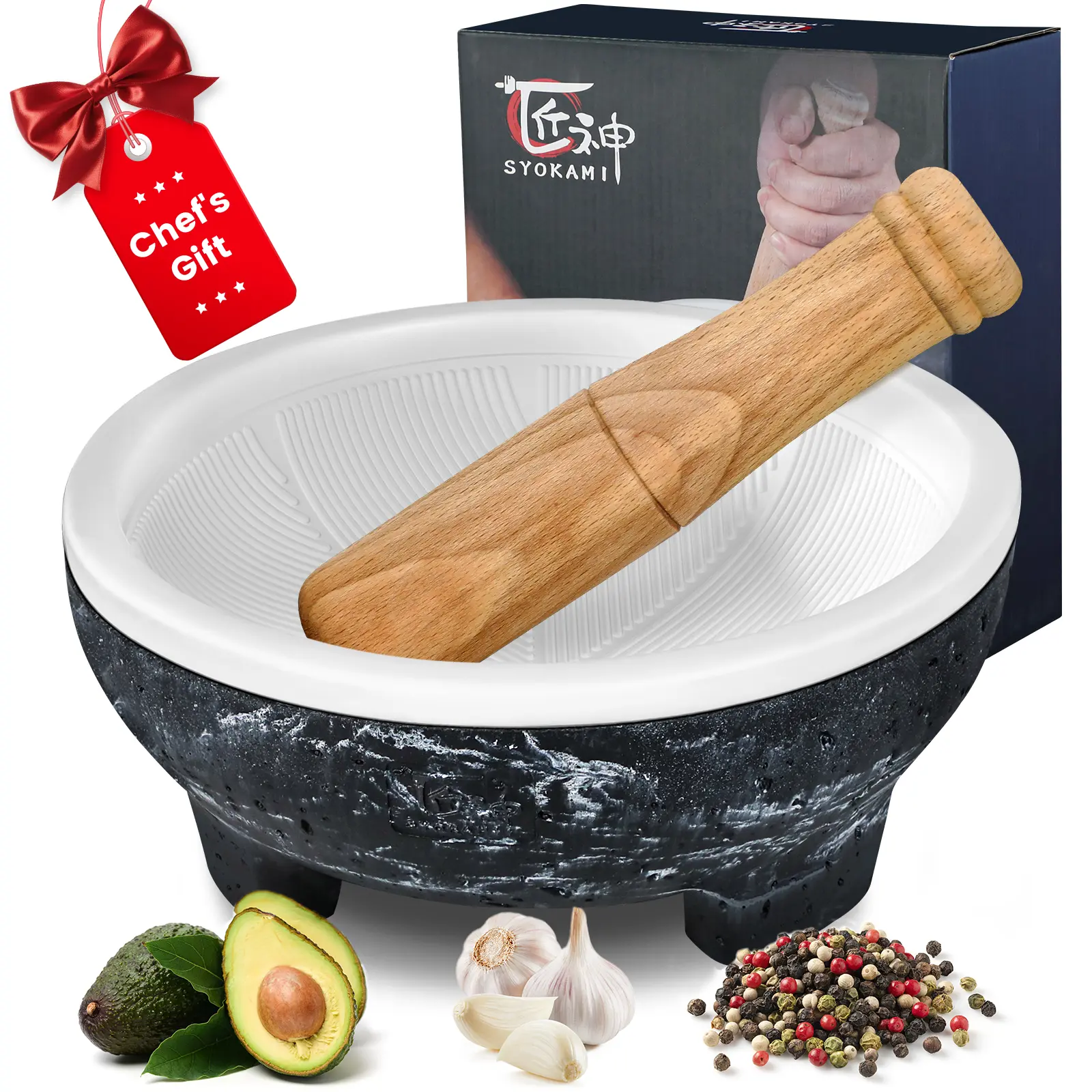 【DealsForYouDays】 SYOKAMI Mortar and Pestle 2-Cup Capacity Set, Grinding Ridges for High Efficiency, Lightweight Ceramic, Easy to Hold & Hassle-Free Cleaning, Non-Slip Base, Large Molcajete Mexicano, Mother's Day Gift