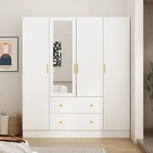 FUFU&GAGA Large Wardrobe Armoire with Mirror 5-Tier Shelves 2 Drawers 2 Hanging Rods 4 Doors Wooden Closet Storage Cabinet for Bedroom Modern Design Durable Sturdy Multi-Purpose Use