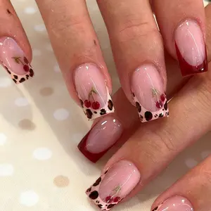 24pcs long wearable nails European style fake nails red French manicure cherry pattern Nails Art