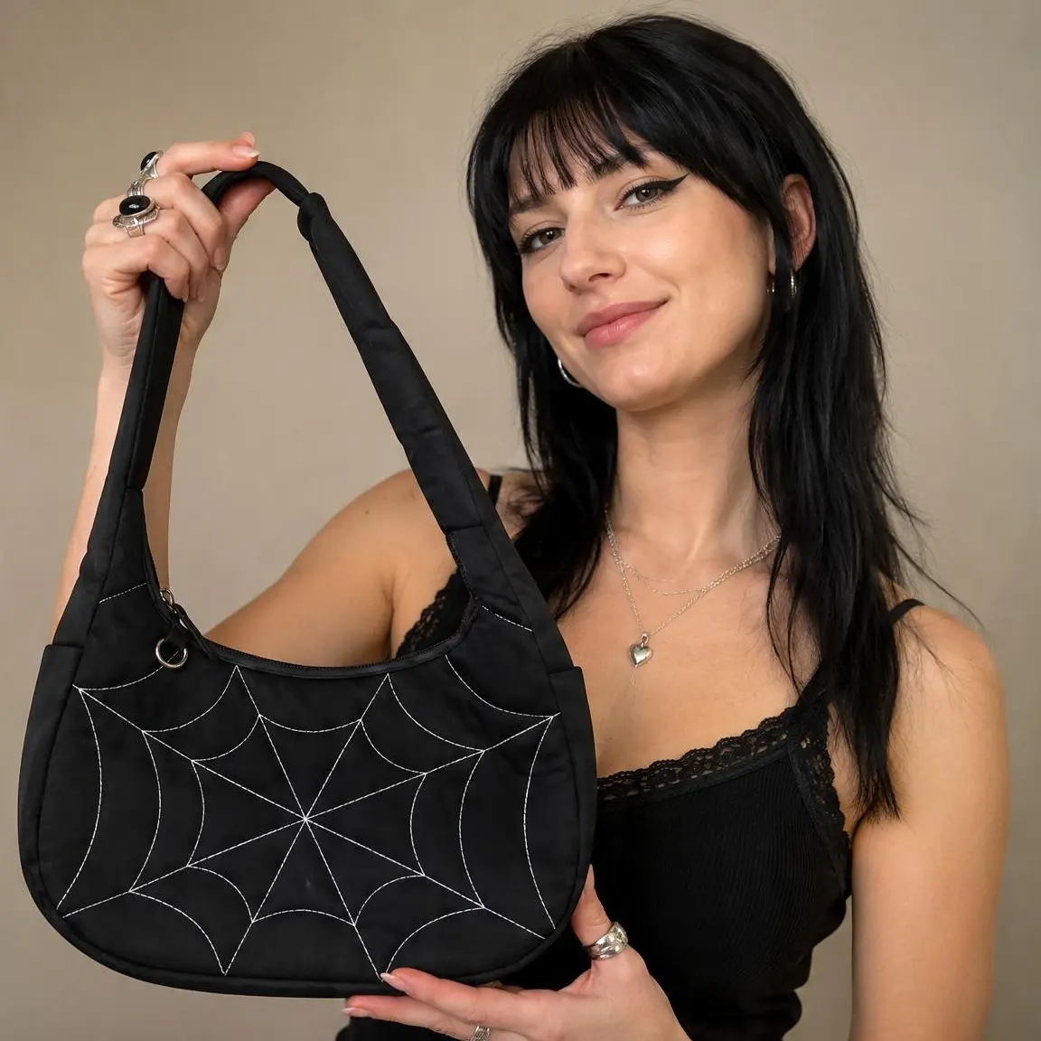 Halloween Spider Web Shoulder Bag, Black Goth Crescent Purse, Spooky Chic Crossbody Bag for Women