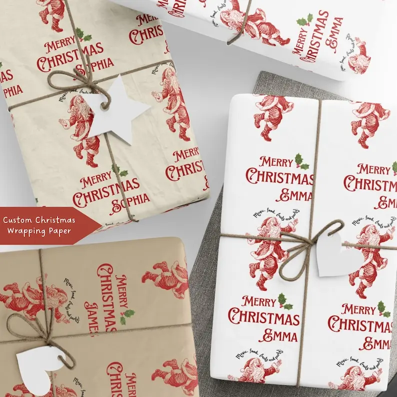 Custom Vintage Santa Christmas Wrapping Paper  Personalized Name Gift Wrap Roll, Funny Wrapping Paper, Unique Xmas Wrap, Santa Gift Wrap