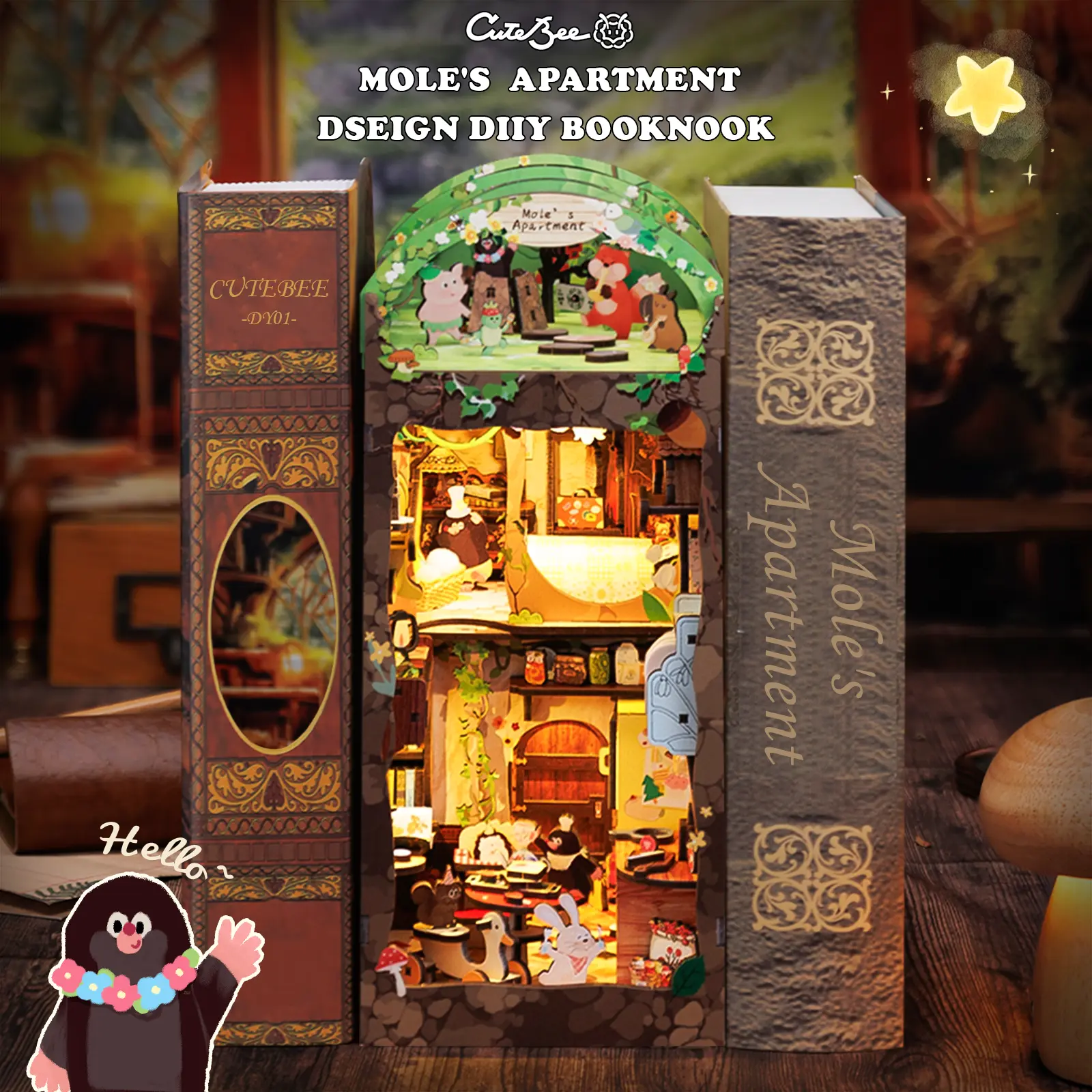 CUTEBEE Wood DIY Mole’s Apartment Miniature Set - DIY 3D Build Modelling Kit with LED Touch Switch, 3D Book Nook Insert, Mini Animal Dollhouse, Tiny Bookshelf, AAA Battery-Operated Light, Dust Cover, Holiday Gift for Tiny Moles Party