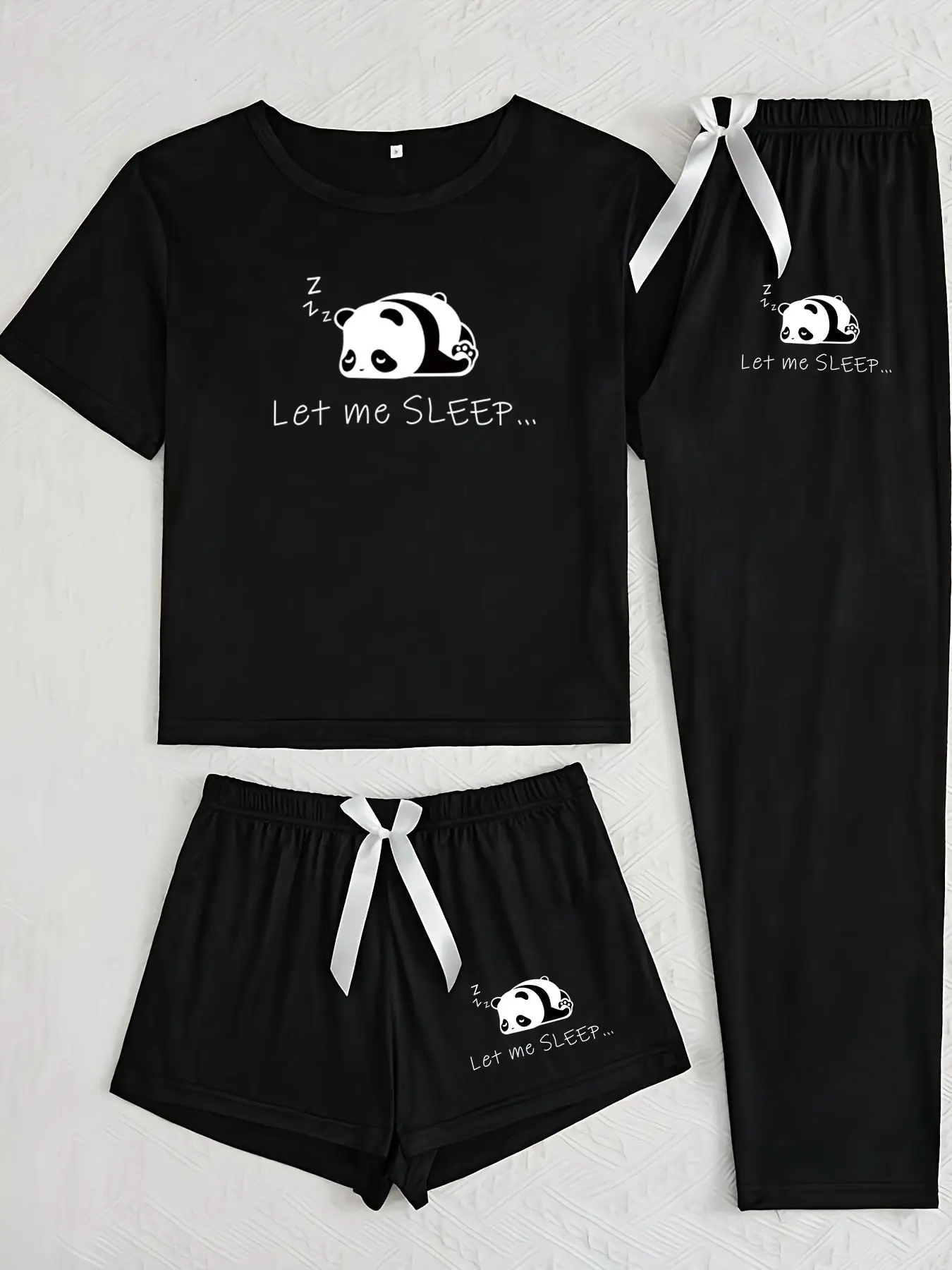 Cute Panda Three-Piece Home Set, Casual Loose-Fitting Cartoon Pattern, All-Seasons Comfortable Sleepwear, Pajama, Loose Fit Pajamas, Homewear, Loungewear, Pjs, Perfect for Daily Wear