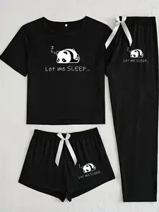Cute Panda Three-Piece Home Set, Casual Loose-Fitting Cartoon Pattern, All-Seasons Comfortable Sleepwear Pajama Loungewear Pyjamas, Perfect for Daily Wear