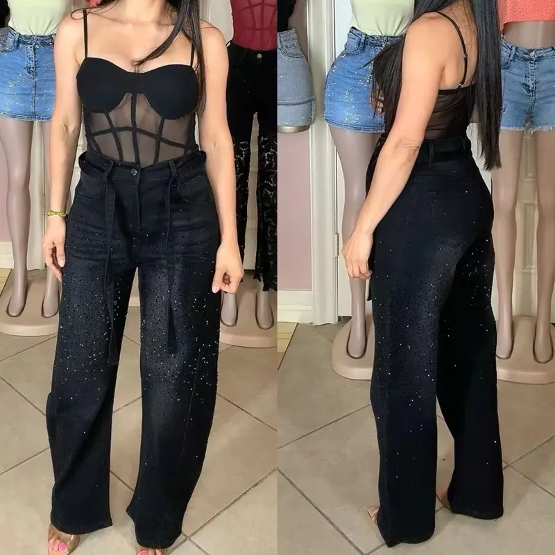 Galaxy Rhinestone Barrel-leg Jeans