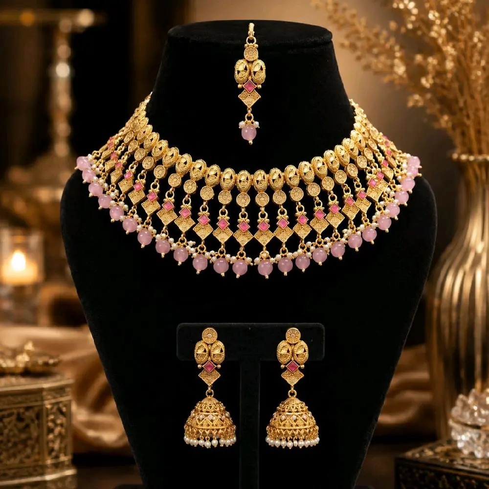 Exclusive Semi-Bridal Baby Pink Neck Coverage Necklace, Tikka, and Jhumka Earrings