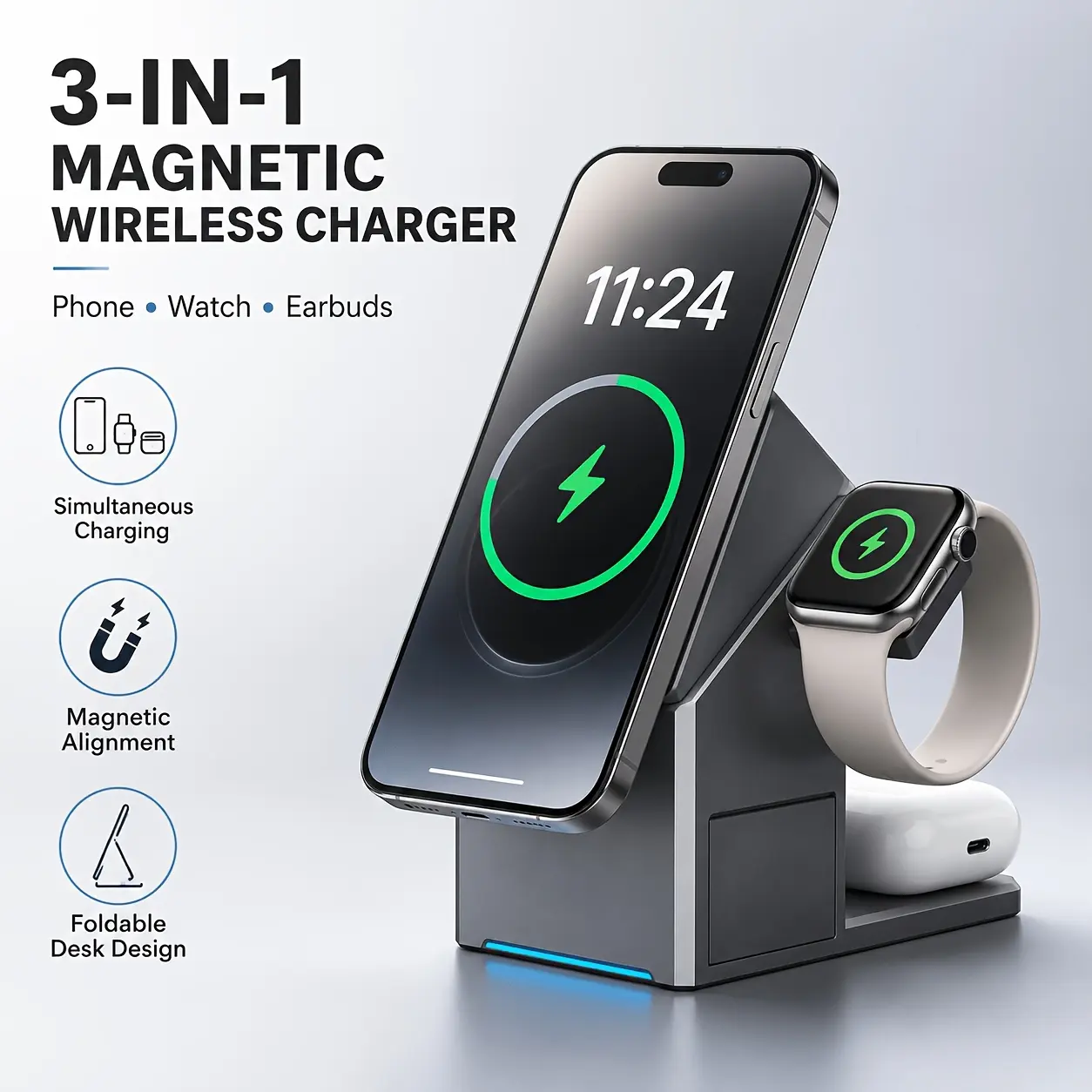 15W 3-in-1 Magnetic Wireless Charging Station with 360° Rotating Phone Stand, Foldable Adjustable Charging Dock for Phone, Smartwatch & Earbuds, Compact Desktop Charger with LED Indicator, Gray