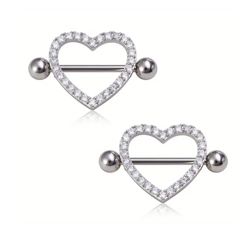 Heart Shaped Nipple Ring, 2pcs Rhinestone Decorated Nipple Ring, Body Jewelry for Women & Men, Fashion Accessories for Party, Daily Clothing Decor, Body Piercing Jewelry, Body Jewellery