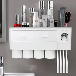 Magnetic Toothbrush Holders for Bathrooms 2-4 Cups with Toothpaste Dispenser & Cosmetic Drawer Wall Mounted Organizer Set for Efficient Grooming - Organizing