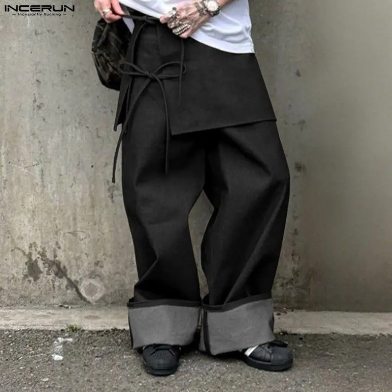 INCERUN Men's Avant-Garde Trousers with Asymmetric Wrap Ties and Utility Pockets, Wide Leg Baggy Streetwear Aesthetic, Aesthetics, Pocket