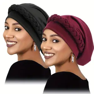 2pcs/set Elastic Breathable Braided Turban Hats, Classic Solid Color Head Wraps, Ramadan Headscarf Chemo Cap For Women gifts1