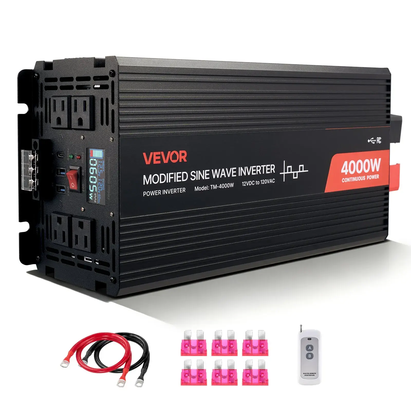 【summerfinds】VEVOR 4000W Power Inverter, 12V DC to 120V AC Modified Sine Wave Inverter with LCD Display, Remote Control, 2 USB Ports, 4 AC Outlets, Type-C Port, Aluminum Alloy Solar Car Charger Converter, Father's Day Gift for RV, Truck, Outdoor Use,,, Mu