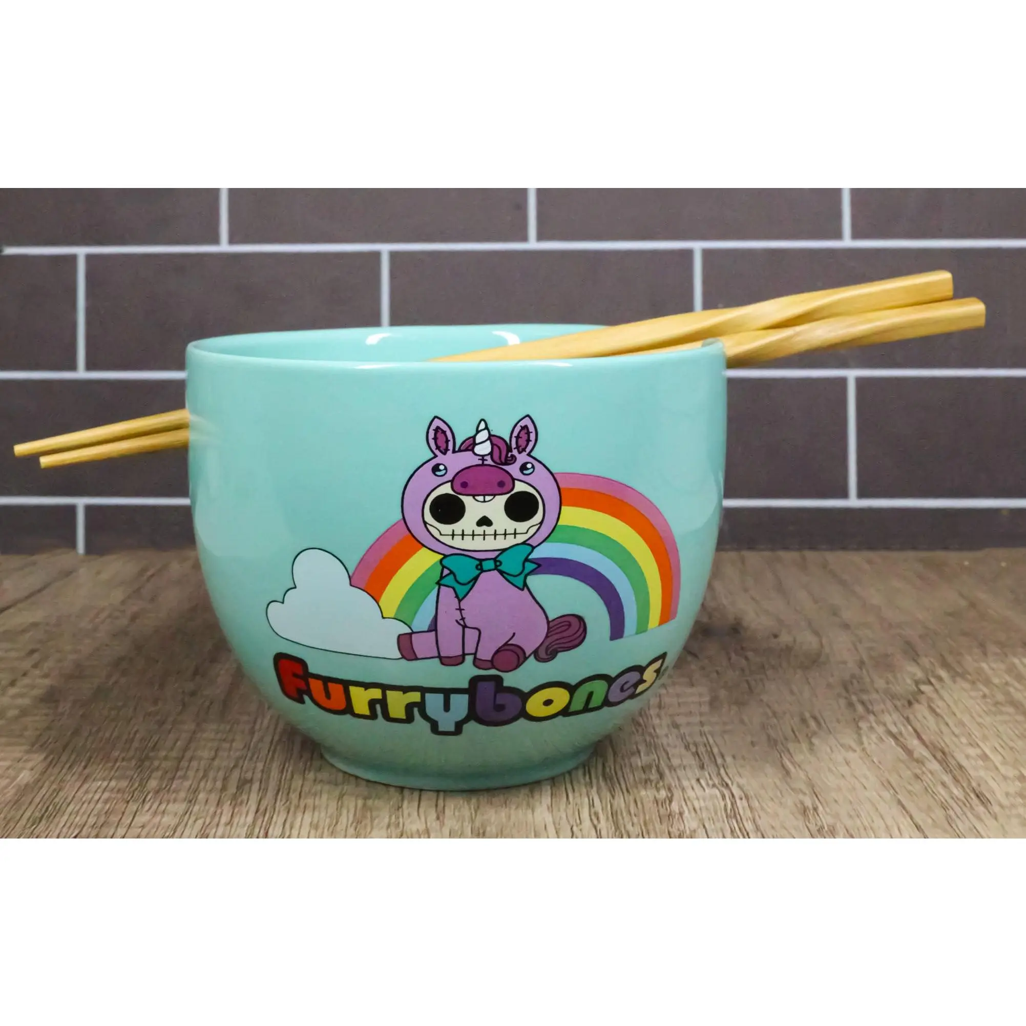 Furrybones Teal Blue Uni Rainbow Unicorn Porcelain Bowl With Chopsticks Set