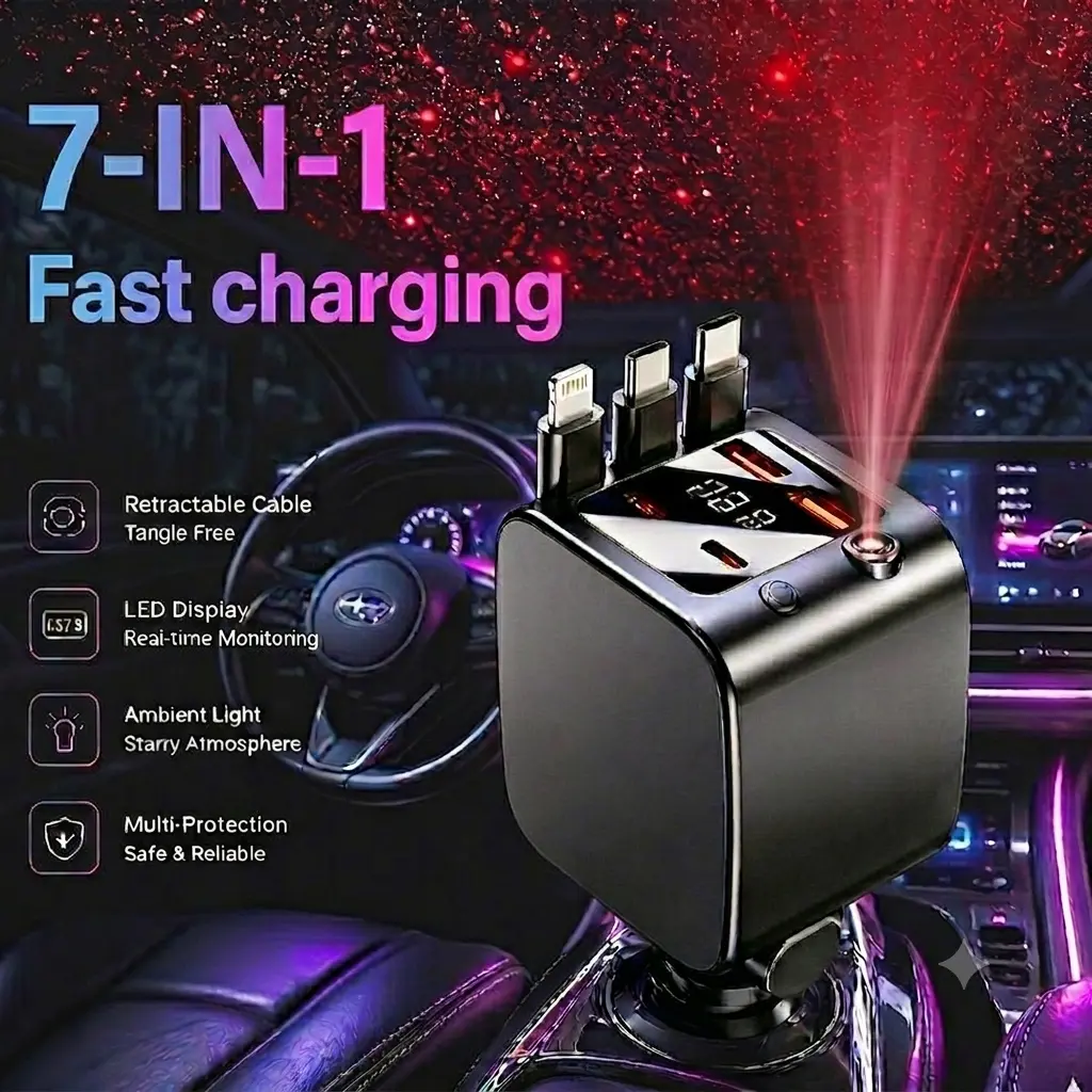 120W retractable car charger with 7-in-1 fast charging hub, Star Projector featuring a starry LED galaxy projector, PD 20W/65W USB-A multi-port adapter, and is a premium travel essential for iPhones, Samsung phones, Android phones, and tablets.
