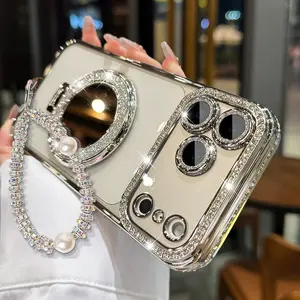 Case with Mirror, Rhinestones and Pearl Bracelet |   Luxury Style for iPhone 17 Pro Max / iPhone 16 Pro Max