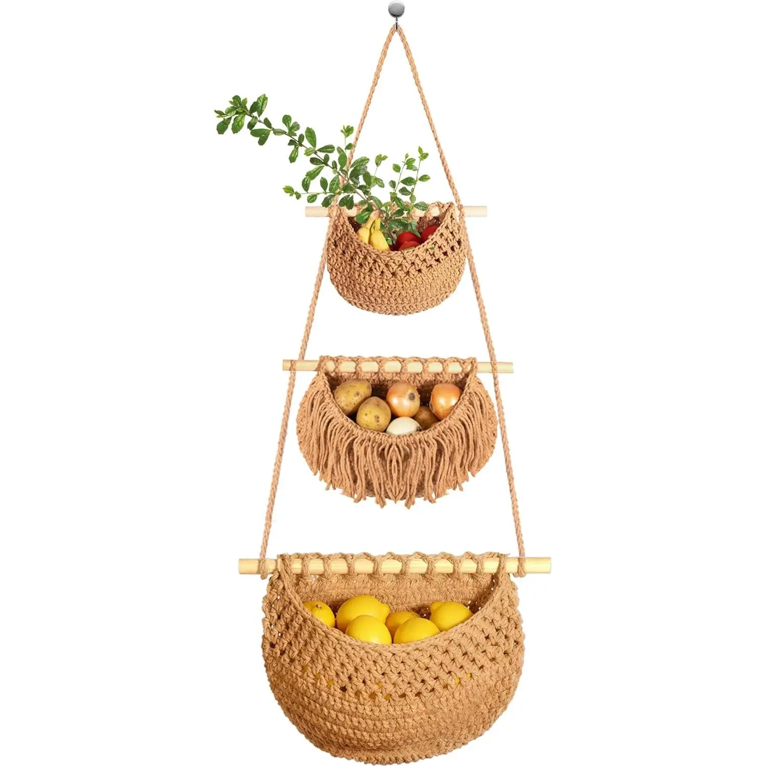 3 Tier Hanging Fruit Basket, Jute Wall Baskets, Hanging Produce Baskets for Storage Fruits and Vegetables, Hanging Basket Wall for Kitchen, Bedroom, Bathroom (Brown)