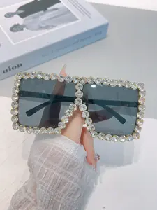 Women's Square Large Frame Diamond Embellished Glasses, High-End Luxurious Trendy Sexy American Style Fashion Eyewear, Trendy Sunglasses