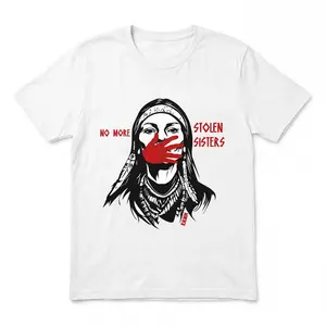 Women's Short-Sleeve Unisex MMIW Awareness Round Neck T-Shirt - Breathable Fabric, Red Handprint Graphic, No More Stolen Sisters Quote, Indigenous Women Support Casual Advocacy Tee with Comfortable Fit, Shortsleeve