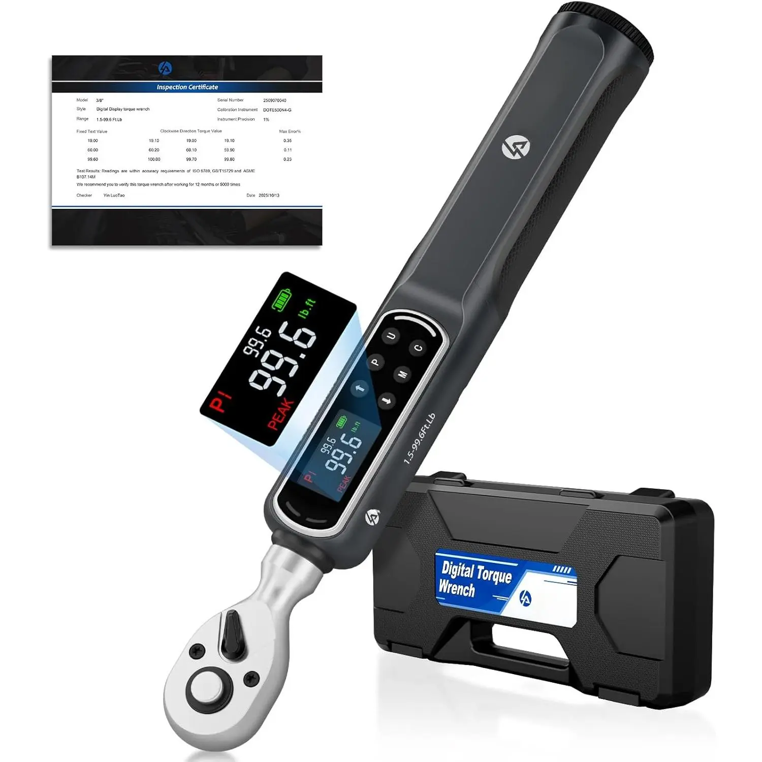 3/8 Inch Digital Torque Wrench Tool, 1.5-99.6Ft.Lb/2-135Nm, ±2% Accurate Electronic Wrench with LED Display, 10 Presets, Buzzer & Vibration Alert, 3 Batteries, Torque Readings for Car/Motorcycle/Bicycle Repair, Mechanics