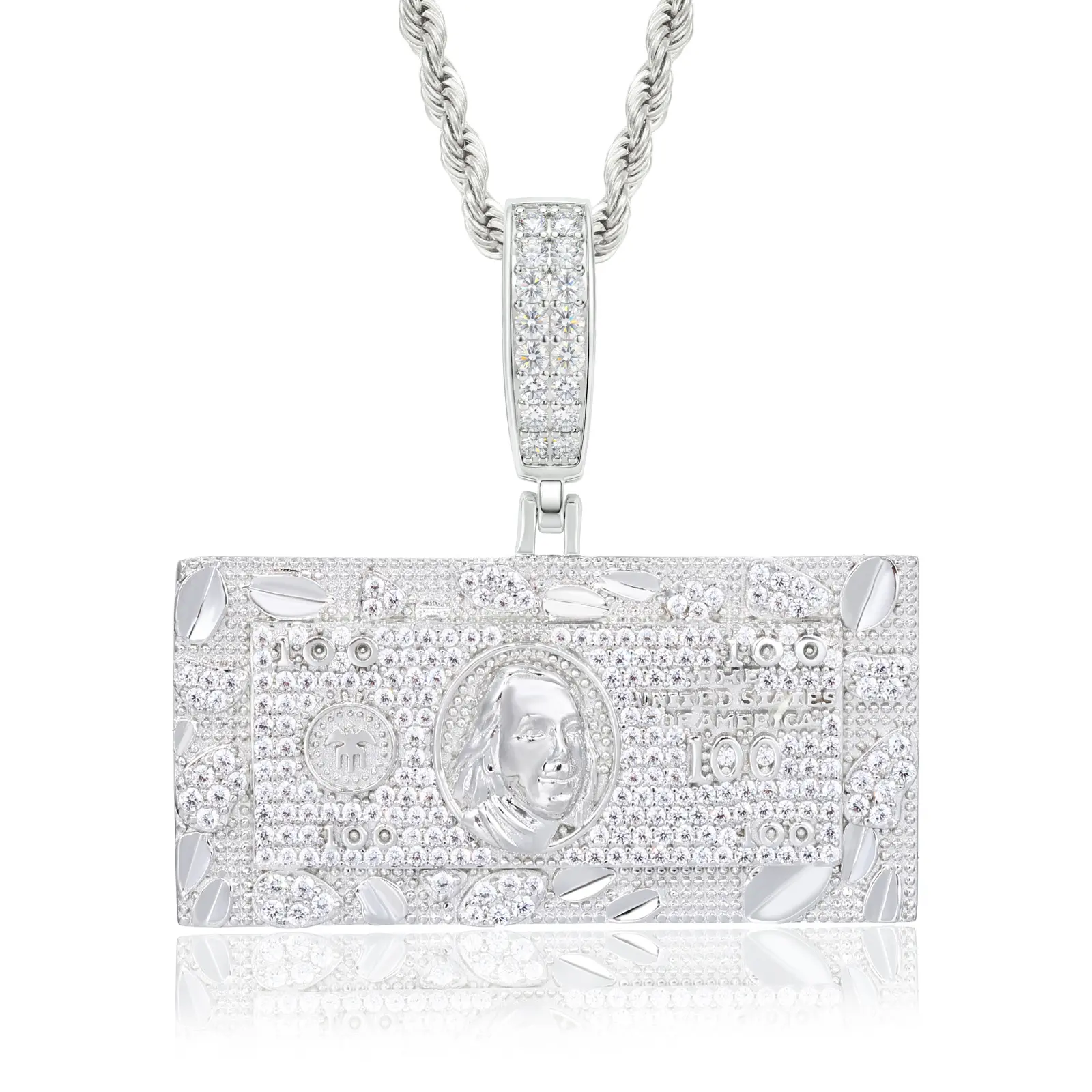 UCCIYO Moissanite 100 Dollar Money Bill Pendant for Men, Iced Out 925 Sterling Silver Hip Hop Wear Jewelry, Large Bail Fits 10mm Cuban Chain, Pendant Only [#P1068]