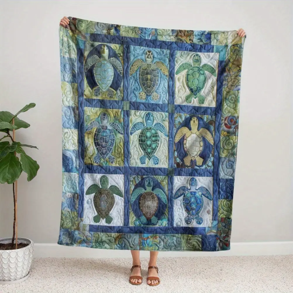 [Cozy Turtle Flannel Blanket] Soft & Warm Cozy Turtle Patchwork Flannel Blanket | Vibrant Quilted Designs  All-Season Retro Style, Mixed Colors, Turtle Decor