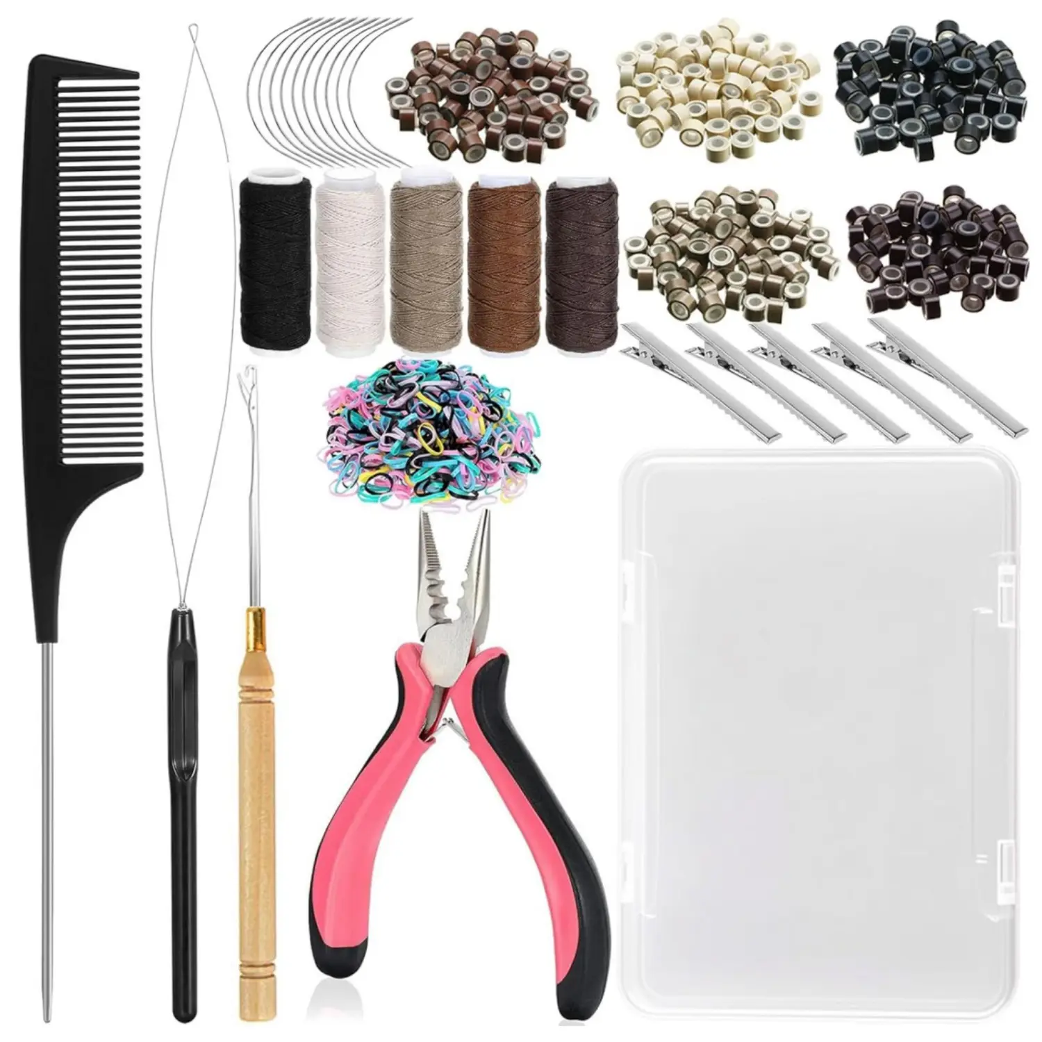 Hair Extension Tools Kit, 500 Silicone Lined Ring Beads,1 Plier, 1 Threader,1 Crochet Hook,10 Curved Hair Needle,5 Hair Clips,5 Rolls Sewing Threads,100 Rubber Bands with Storage Case - Home Improvement.