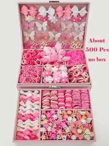 500pcs/Set Girls' Pink Bowknot Hair Clips, Cute Princess Hair Accessories, High Elastic Durable Non-Damaging Hair Ties, Hair Bands, Rabbit Ear Hair Rings, Versatile Duck Clip Barrettes, Suitable For Daily Use, Hair Accessories Sets
