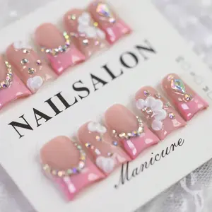 10Pcs Y2K Pink French Faux Nail Tips, Handmade Reusable Nails, With 4D White Floral Elements, Bling Rhinestone Accents, For Daily, Casual And Relaxed Occasions, Best Gift For Women And Girls Random Packaging Card Handmade Press On Nails Nail Supplies