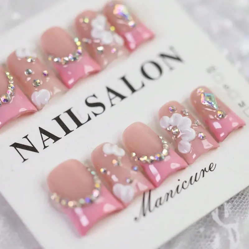 10Pcs Y2K Pink French Faux Nail Tips, Artificial Nails, Handmade Reusable Nails, Handmade Wearable Nails, With 4D White Floral Elements, Bling Rhinestone Accents, For Daily, Casual Occasions, Gift For Women And Girls Handmade Press On Nails