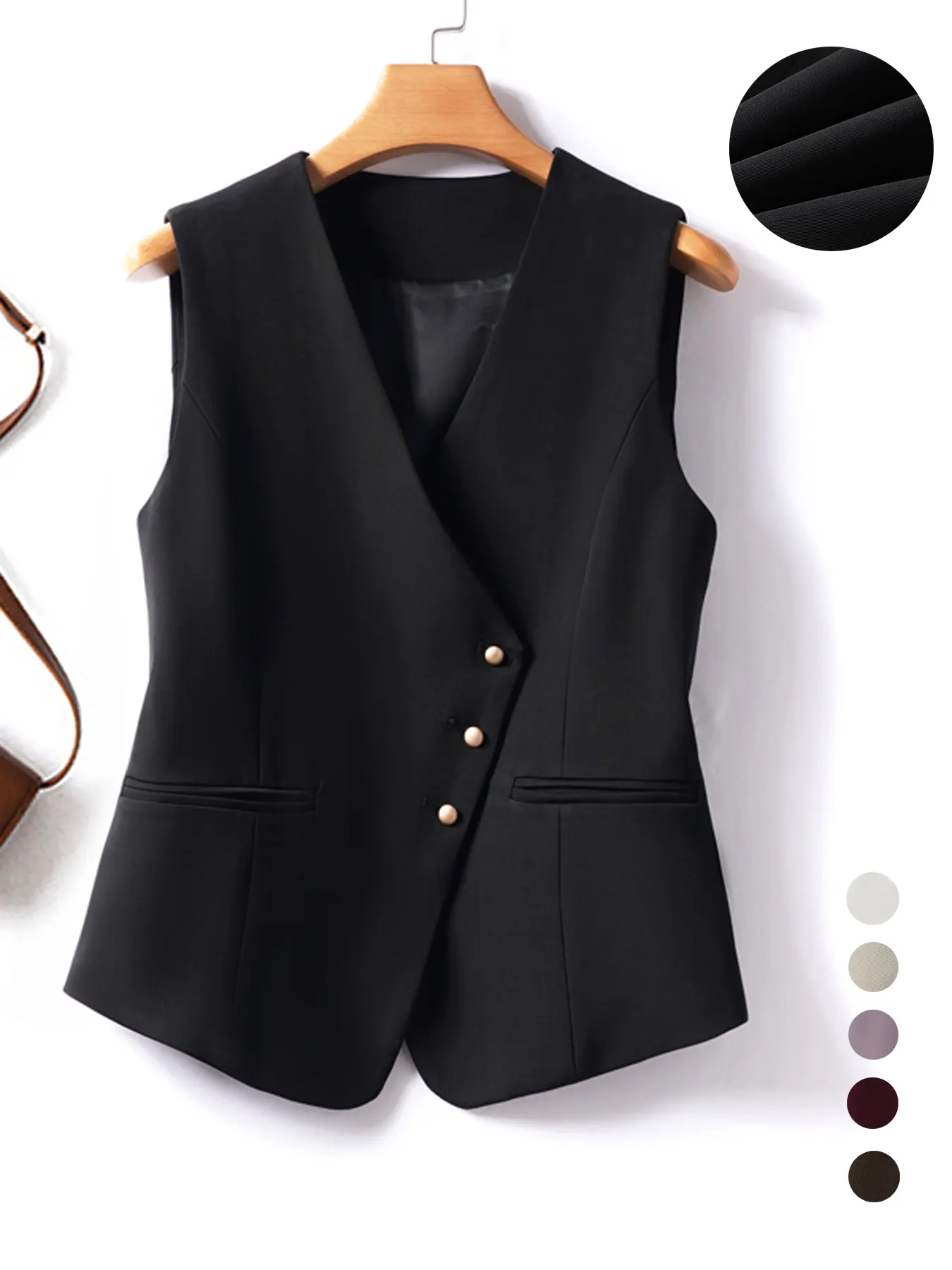 Minimalist Women's Basic Solid Color Fitted Asymmetric Button-Front Blazer Vest, Elegant Chic V-Neck Sleeveless Outerwear, Spring & Fall Work Office Clothes Business Vest
