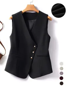 Women's Solid Asymmetrical Button Front Vest Blazer, Elegant V Neck Sleeveless Outerwear, Ladies Spring & Fall Clothes for Work Office Business, Blazer Jackets