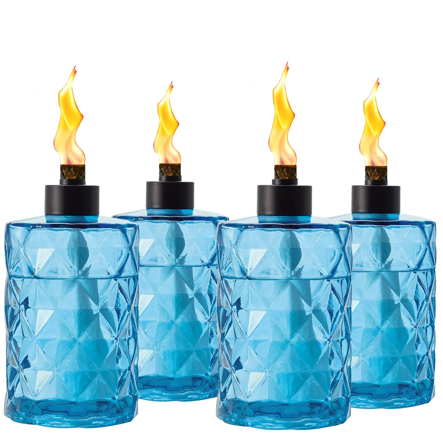 4 Pack Blue Glass Torches for Outside Tabletop with Wick and Cap,Citronella Torches Outdoor,Refillable Torch Canister,Decorative Tabletop Lantern for Yard,Patio,Deck,Garden,Outdoor Party,Landscape