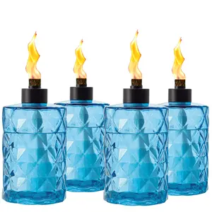 4 Pack Blue Glass Torches for Outside Tabletop with Wick and Cap,Citronella Torches Outdoor,Refillable Torch Canister,Decorative Tabletop Lantern for Yard,Patio,Deck,Garden,Outdoor Party,Landscape