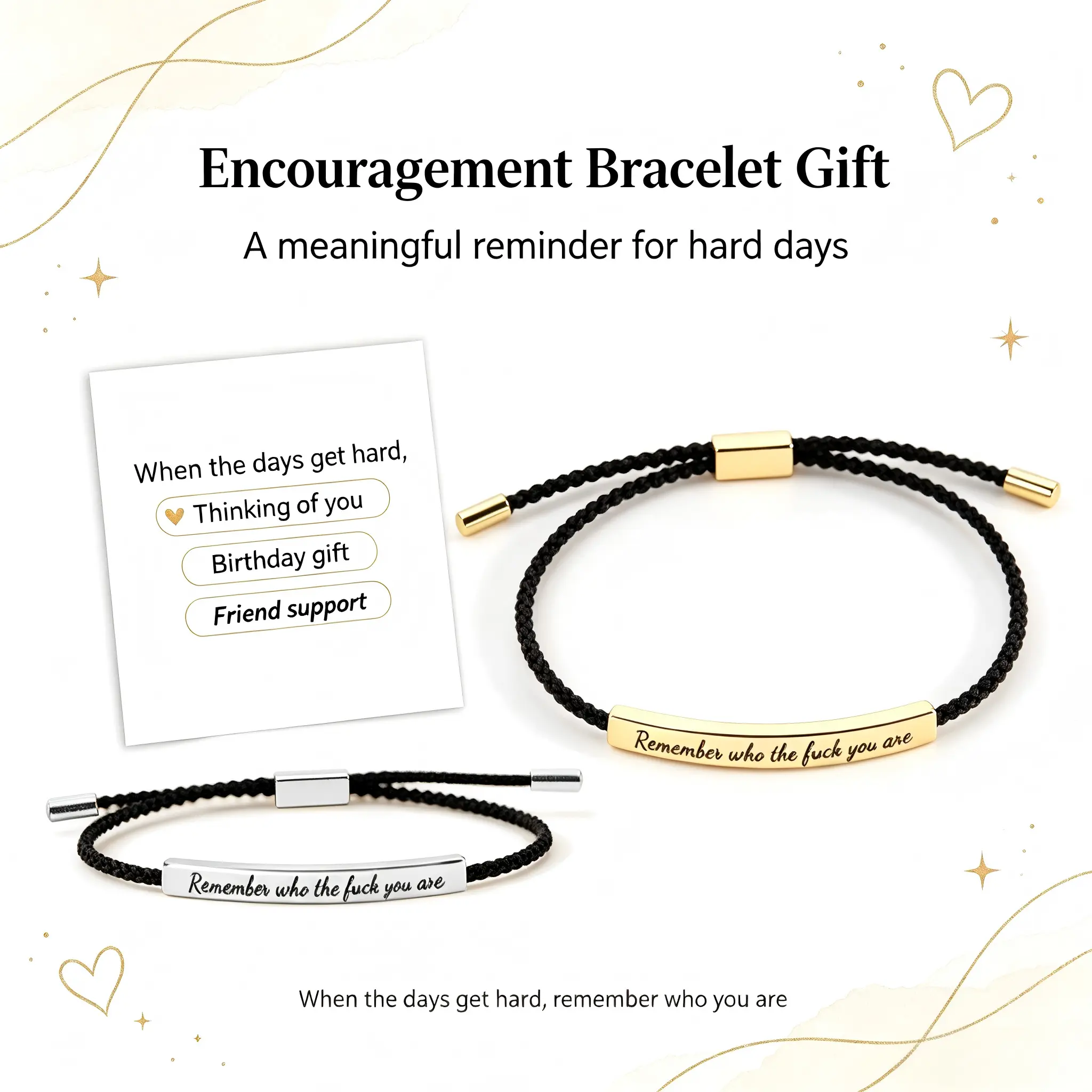 Inspire Bracelet – "Remember Who the F You Are / Don’t Let the Hard Days Win" – Adjustable Unisex Motivational Bracelet – Elegant Minimalist Daily Gift for Women & Men, Inspirational Quote Bracelets & Bangles, Motivational Engraving Bracelets & Bangles