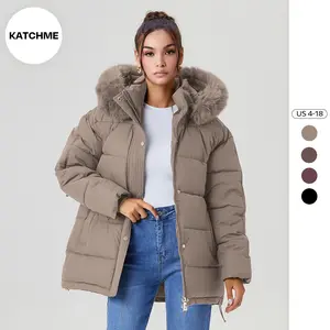 KatchMe Women's Cozy Solid Color Detachable Fluffy Hooded Zip-Up Belt Decor Cotton Coat, Leisure Outerwear Jacket for Fall & Winter, Classy Thermal Outfit