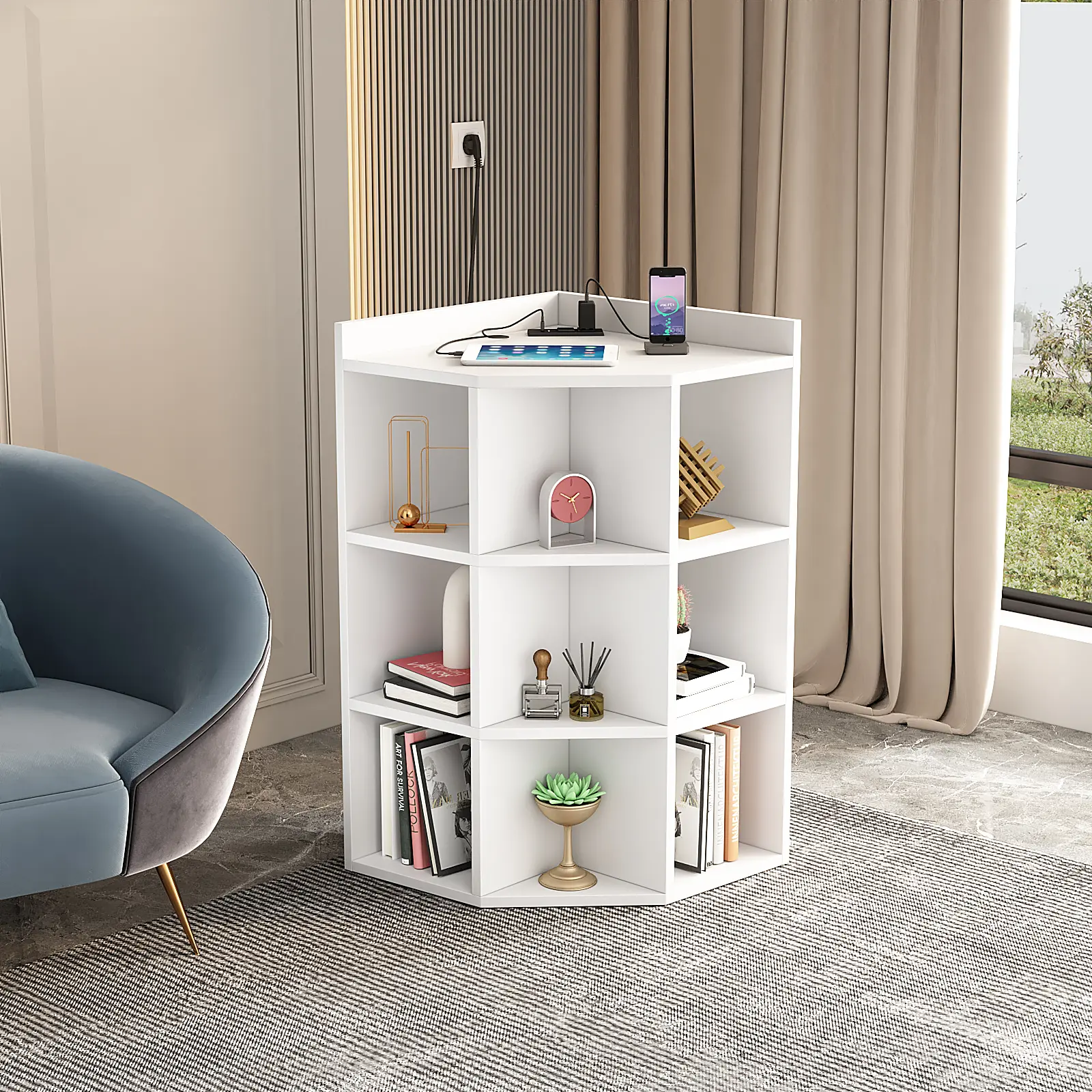 Corner Cabinet, 9 Cubby Corner Bookcase with USB Ports and Outlets, 3-Tier Corner Storage Cabinet with Charging Station, Wooden Corner Bookshelf for Small Space Decor Bedside Table