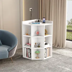 Corner Cabinet, 9 Cubby Corner Bookcase with USB Ports and Outlets, 3-Tier Corner Storage Cabinet with Charging Station, Wooden Corner Bookshelf for Small Space Decor Bedside Table